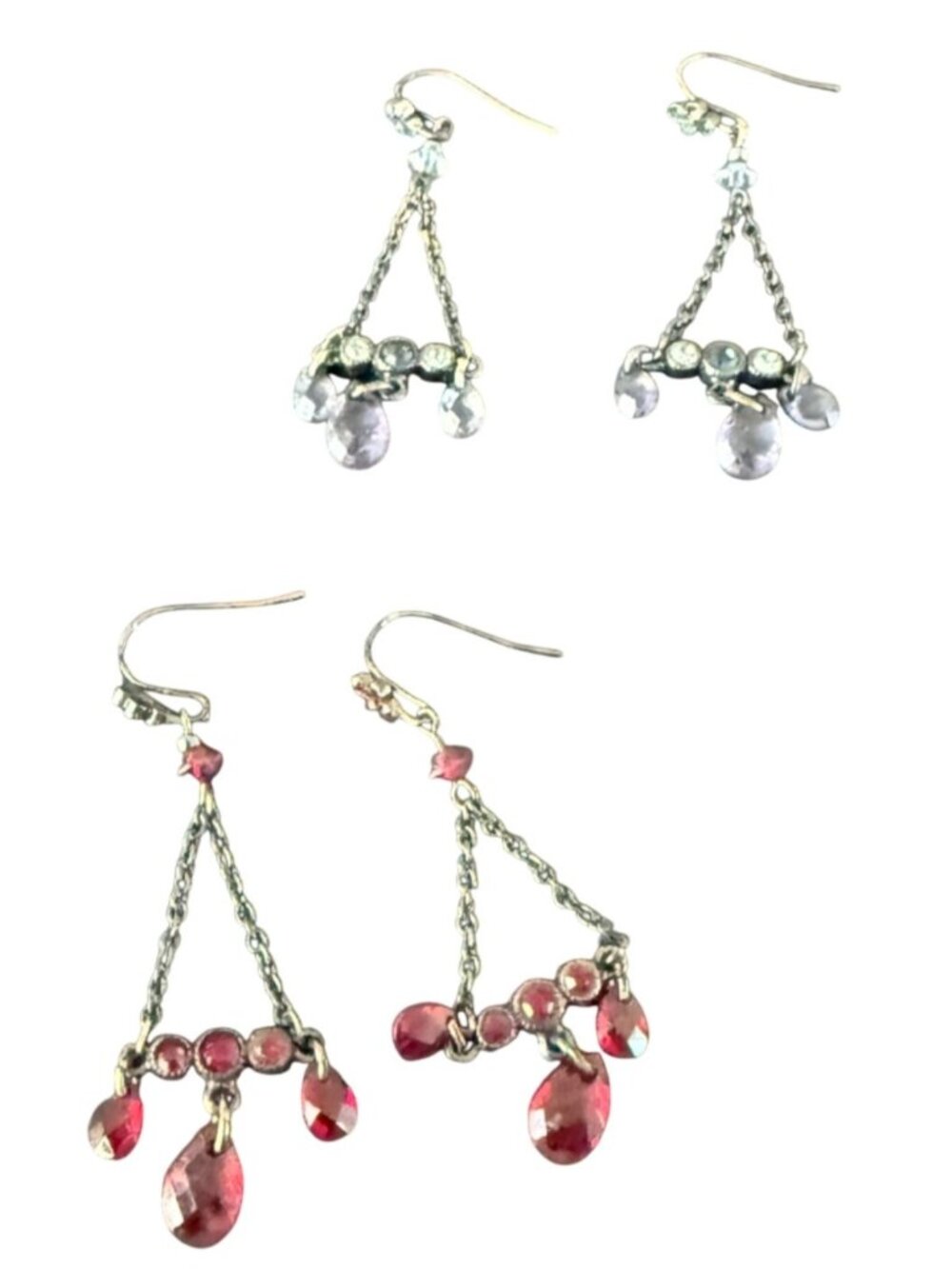 Two Pairs Of Drop Dangle Earring Red And Purple Crystal Beads On Black Chains